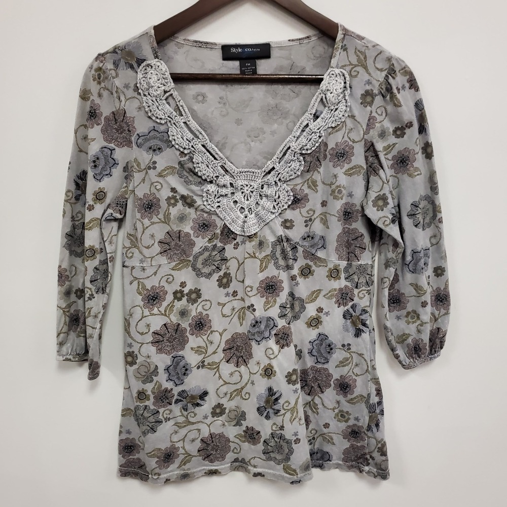Style & Co Womens Y2K Floral 3/4 Sleeve Babydoll Top Size M Petite‎ Gray Preppy